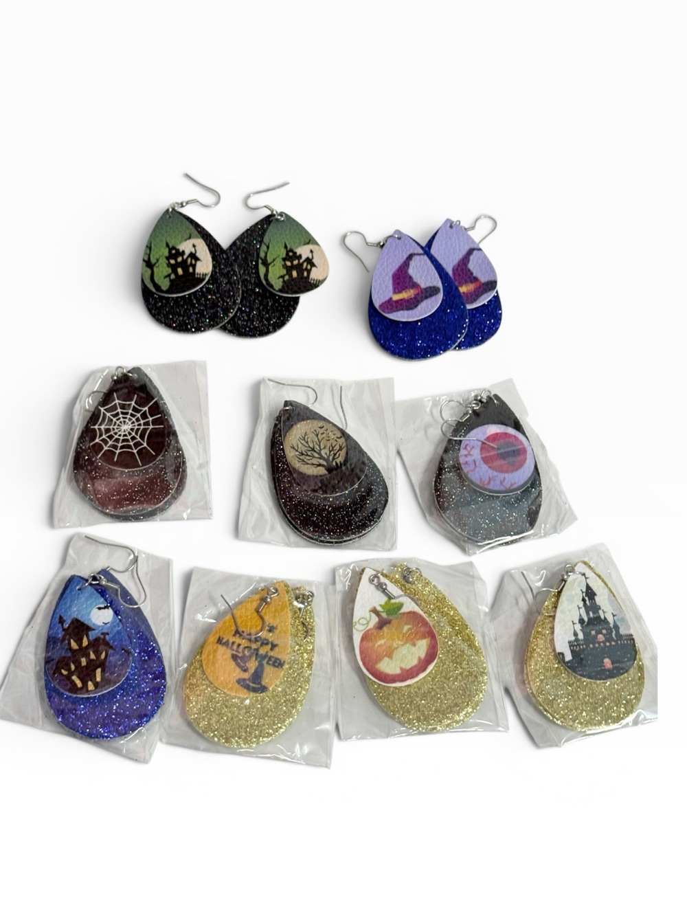 Halloween Faux Leather Teardrop Earrings Lot 9 Pairs Glitter Haunted Witch Fun